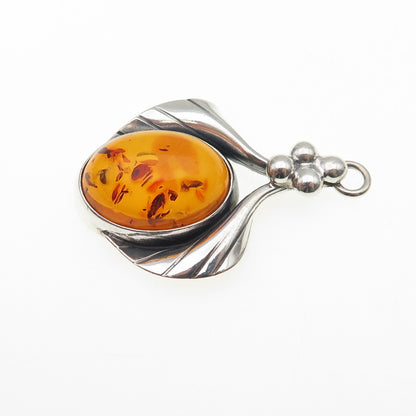 VALERIO V-8 Sterling Silver Vintage Poland Real Amber Modernist Charm Pendant