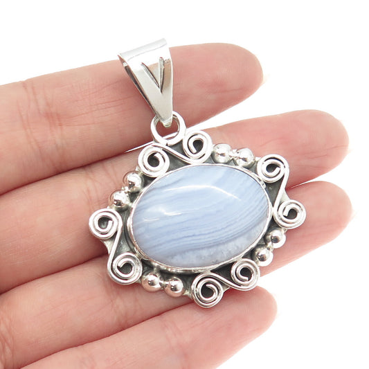 925 Sterling Silver Vintage CII Mexico Real Blue Lace Agate Spiral Pendant