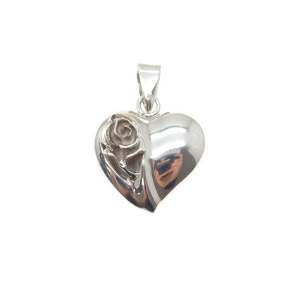 925 Sterling Silver Vintage Mexico Rose Flower Heart Charm Pendant