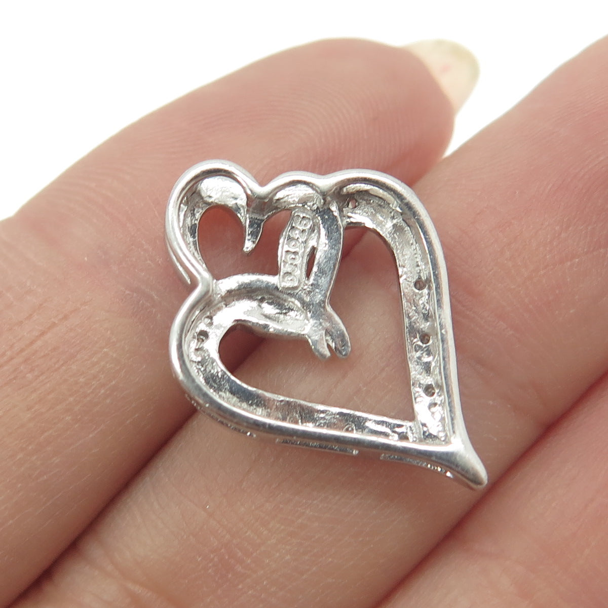 925 Sterling Silver Real Round-Cut Diamond Interlocked Hearts Slide Pendant