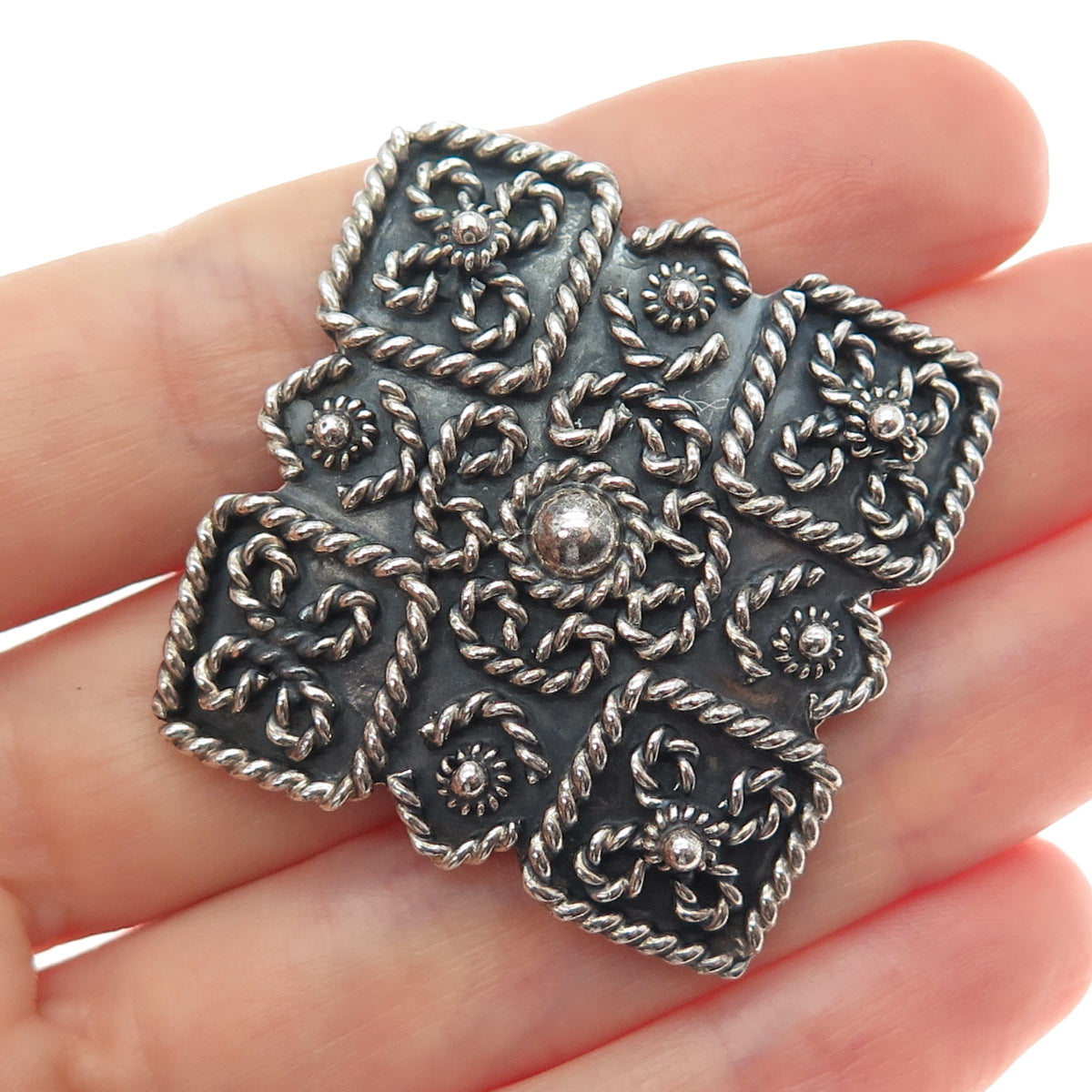 925 Sterling Silver Vintage Mexico Flower Cannetille Oxidized Pin Brooch Pendant