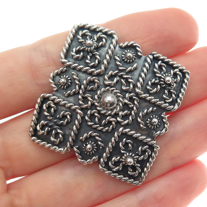 925 Sterling Silver Vintage Mexico Flower Cannetille Oxidized Pin Brooch Pendant