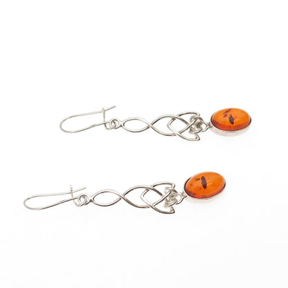 925 Sterling Silver Vintage Real Amber Celtic Trinity Dangle Earrings