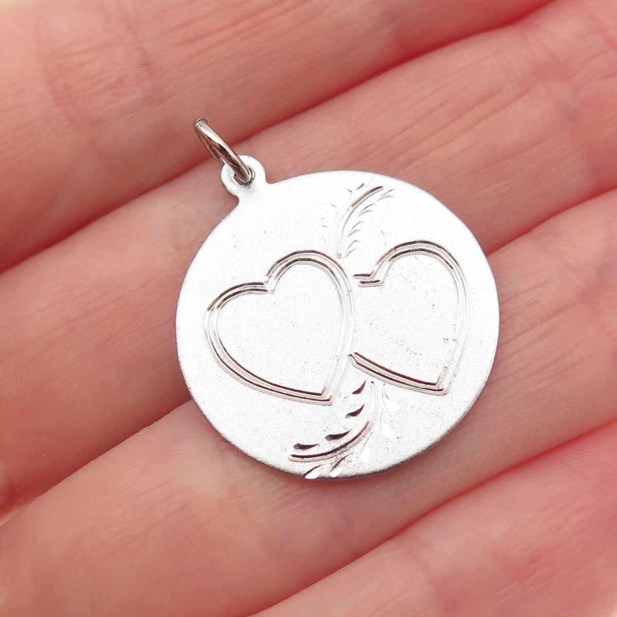 925 Sterling Silver Vintage Engraved Couple Heart Round Tag Charm Pendant
