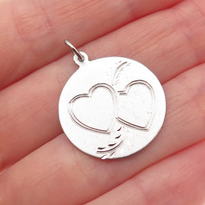 925 Sterling Silver Vintage Engraved Couple Heart Round Tag Charm Pendant
