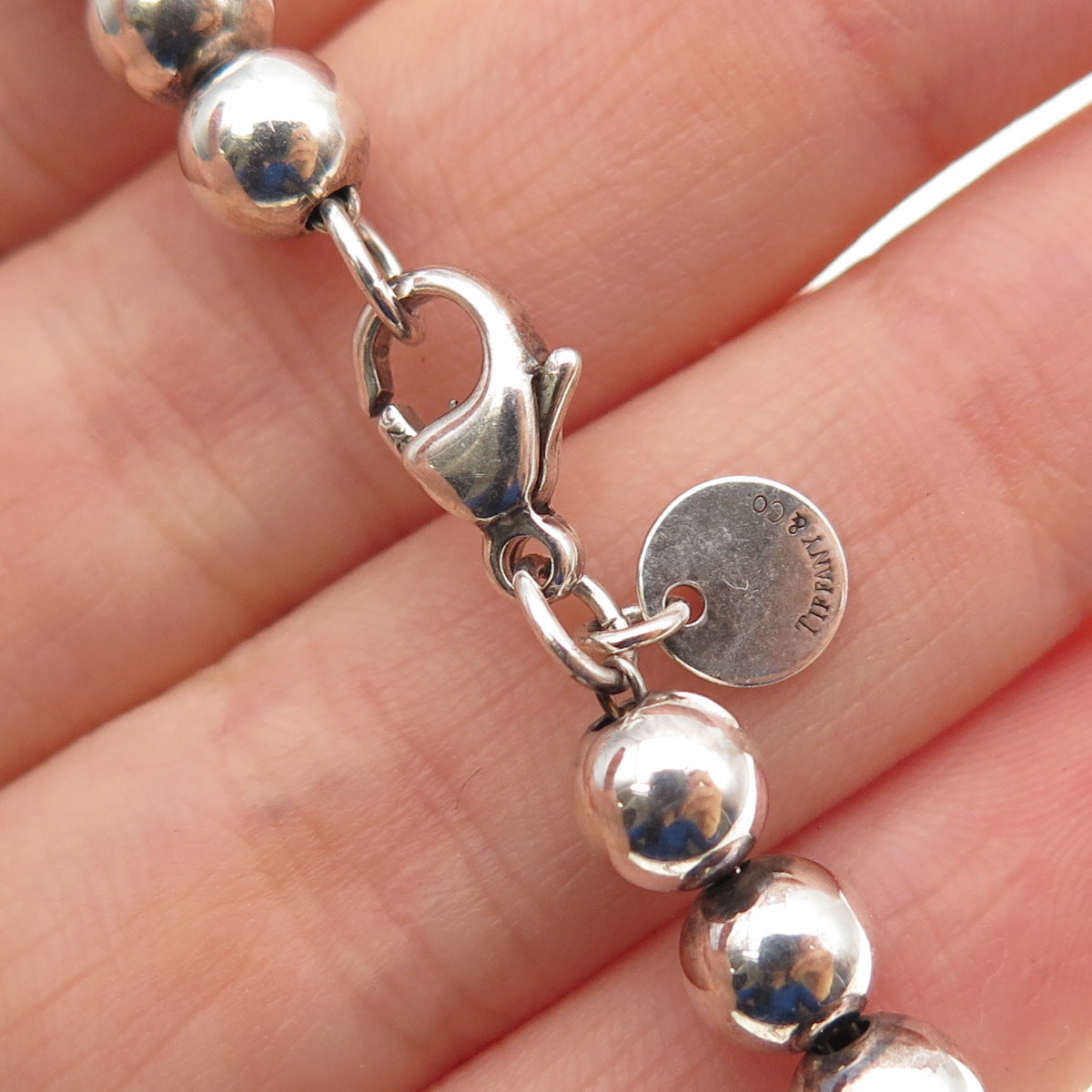 TIFFANY & CO. 925 Sterling Silver Vintage Graduated HardWear Beaded Necklace 16"