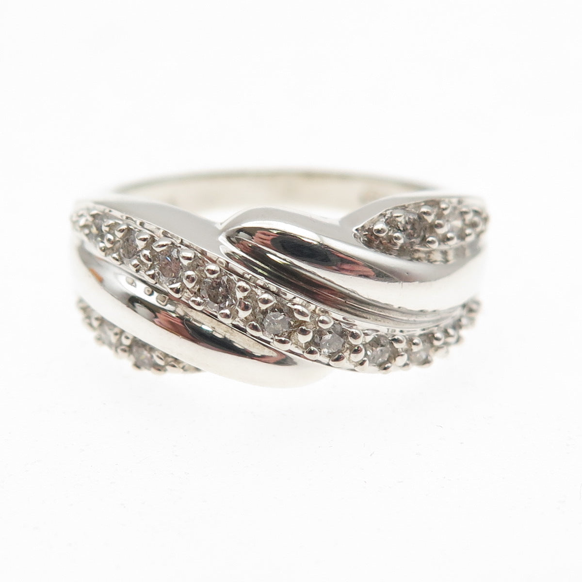 HENG NGAI 925 Sterling Silver Real Round-Cut Diamond Twisted Ring Size 8