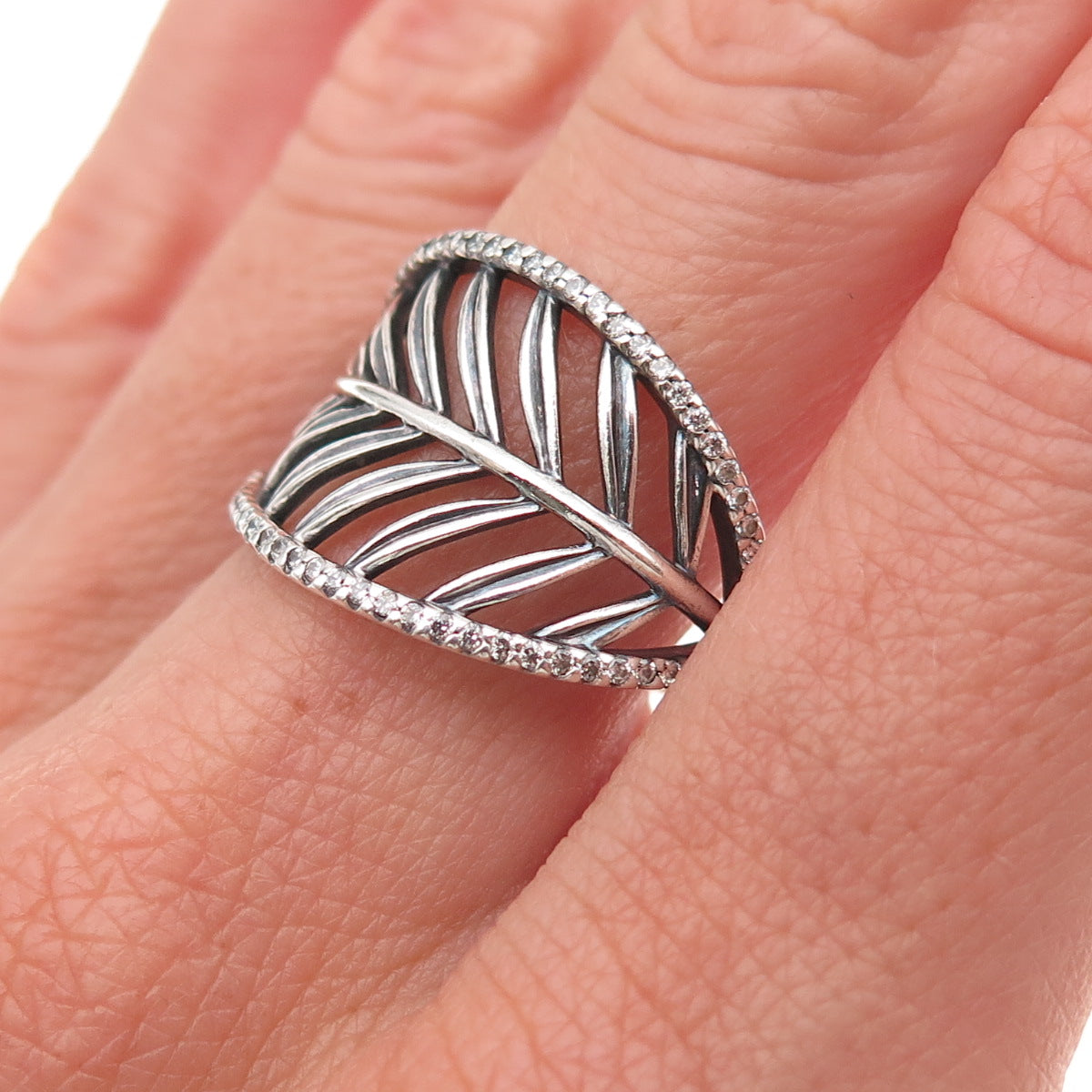 Pandora 925 Sterling Silver Round-Cut C Z Tropical Palm Leaf Ring Size 9.25