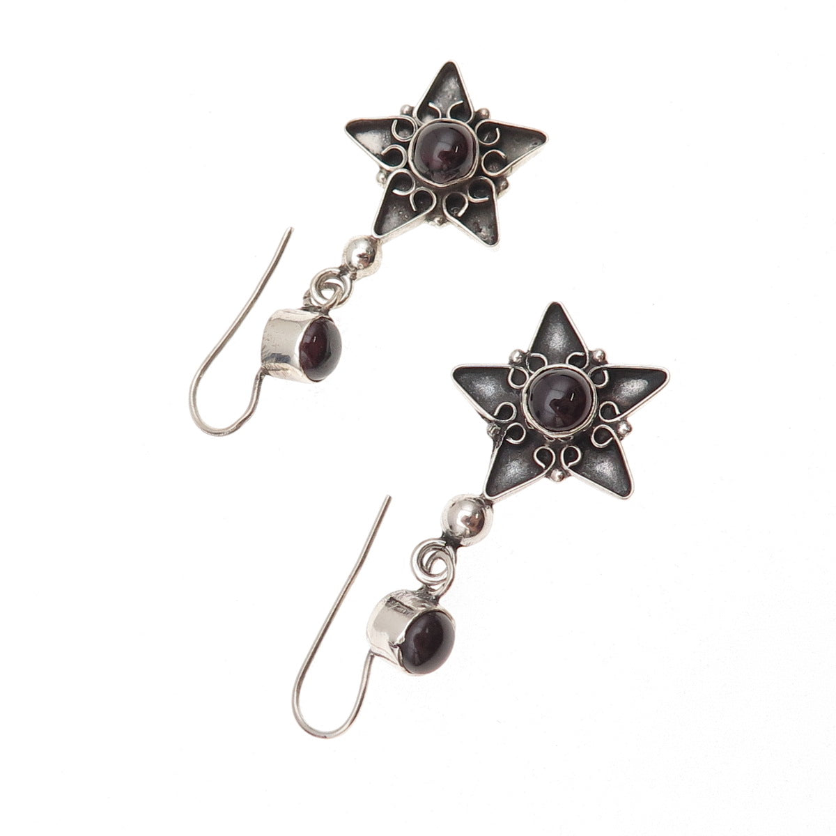 925 Sterling Silver Vintage Real Red Garnet Star Oxidized Dangle Earrings
