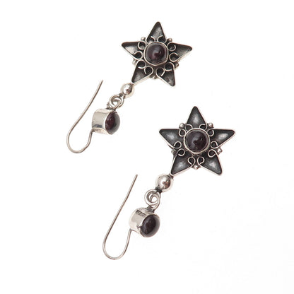 925 Sterling Silver Vintage Real Red Garnet Star Oxidized Dangle Earrings