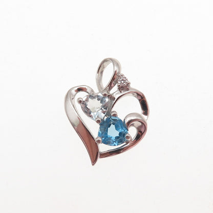 925 Sterling Silver Real Swiss Blue Topaz & C Z Heart Mini Charm Pendant