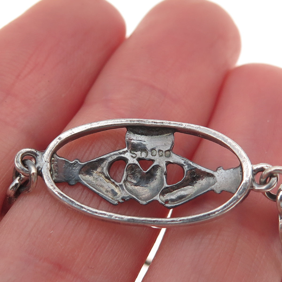 Solvar 925 Sterling Silver Vintage Irish Claddagh Link Oxidized Bracelet 7"