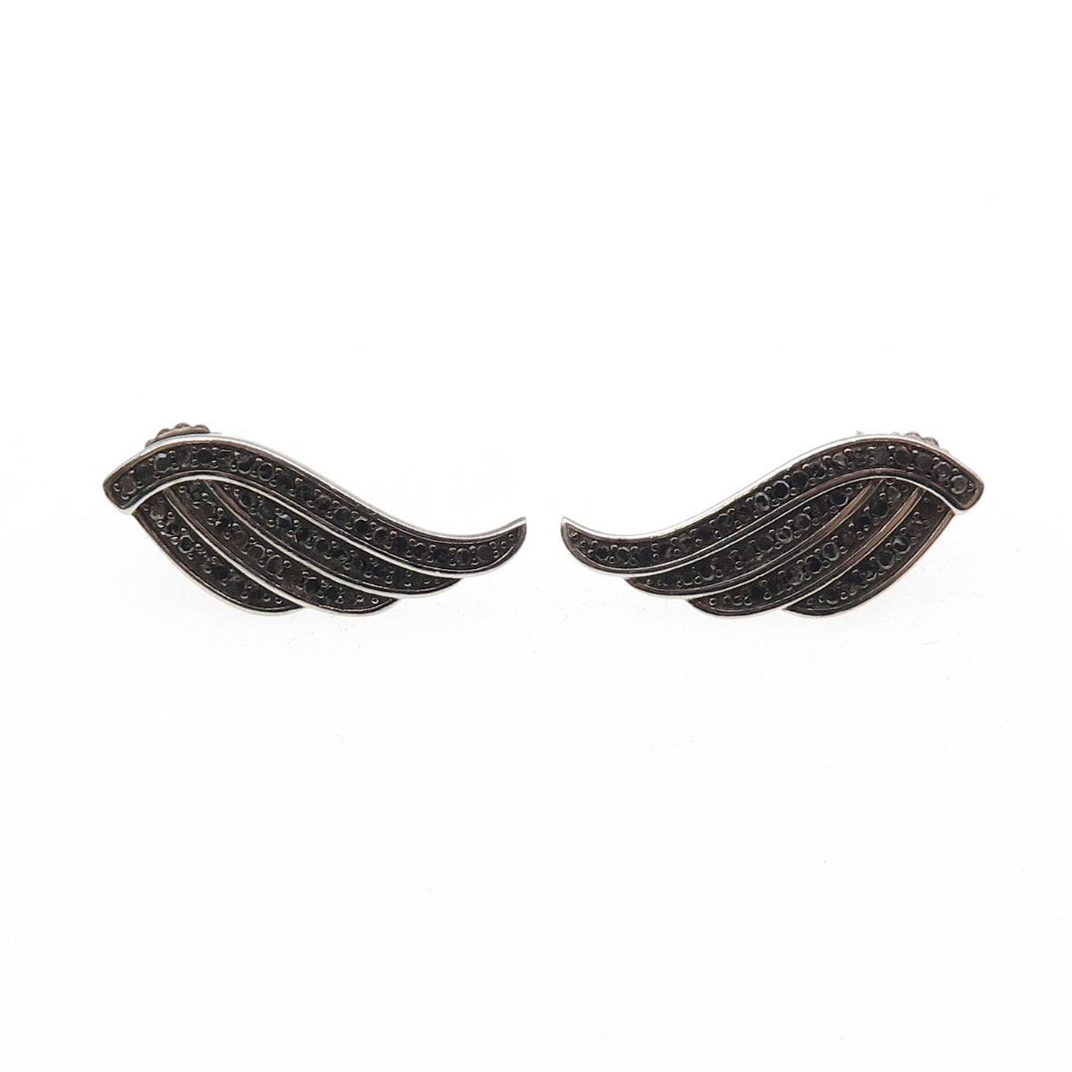925 Sterling Silver Real Round-Cut Black Diamond Angel Wings Earrings