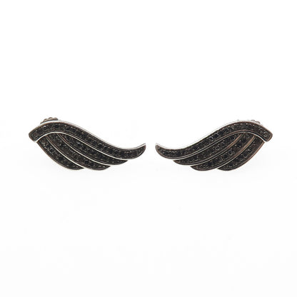 925 Sterling Silver Real Round-Cut Black Diamond Angel Wings Earrings