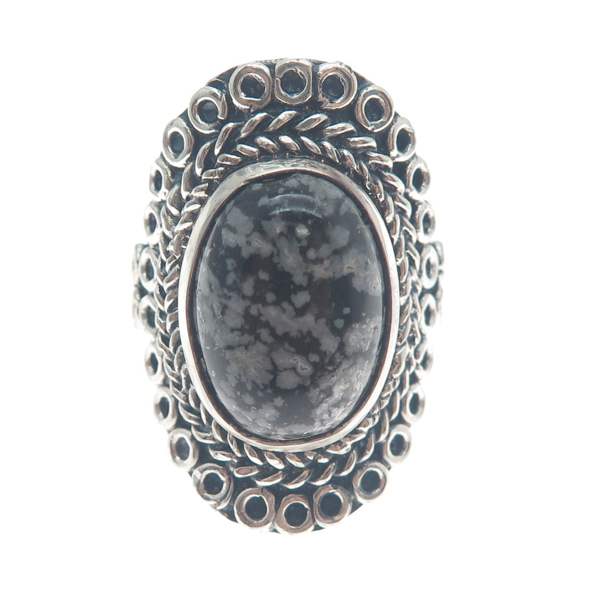 925 Sterling Silver Vintage Snowflake Obsidian Circle Link Oxidized Ring Size 9