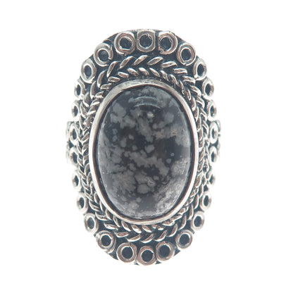 925 Sterling Silver Vintage Snowflake Obsidian Circle Link Oxidized Ring Size 9