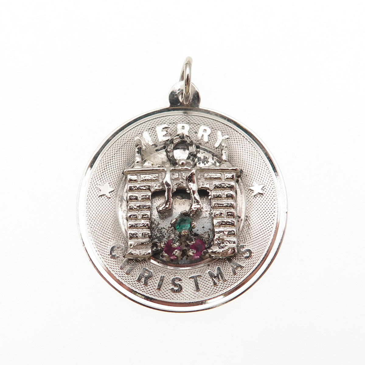 925 Sterling Silver Vintage Rhinestone Merry Christmas Fireplace Charm Pendant