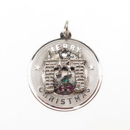 925 Sterling Silver Vintage Rhinestone Merry Christmas Fireplace Charm Pendant