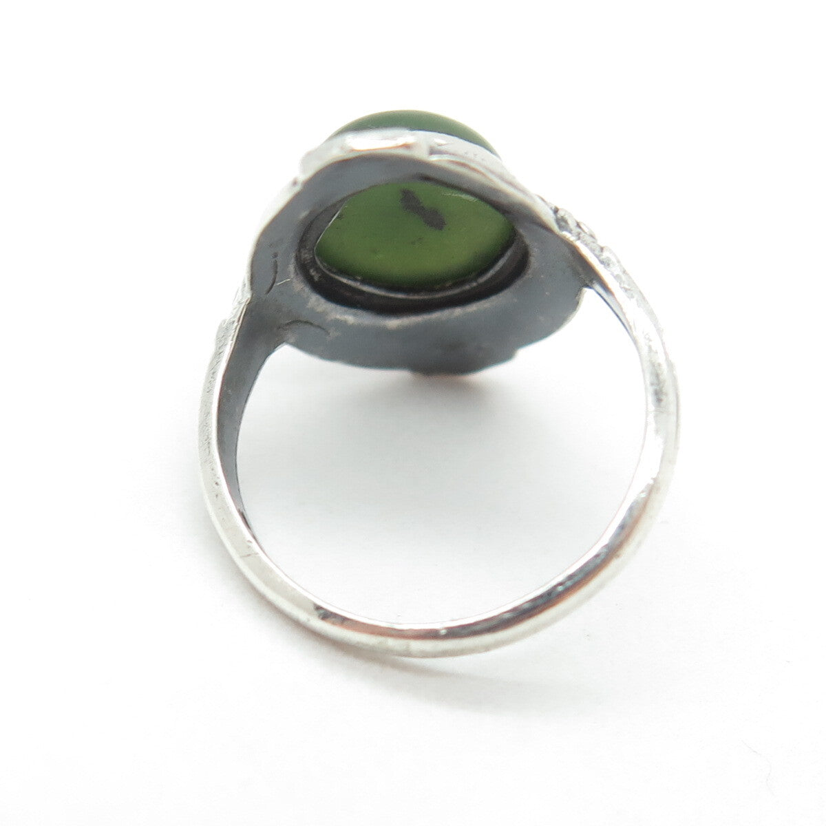 UNCAS 925 Sterling Silver Antique USA Real Jade & Marcasite Gem Ring Size 3.25