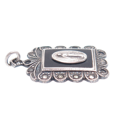 925 Sterling Silver Antique Onyx & Marcasite St. Mary Pendant (missing 4 stones)