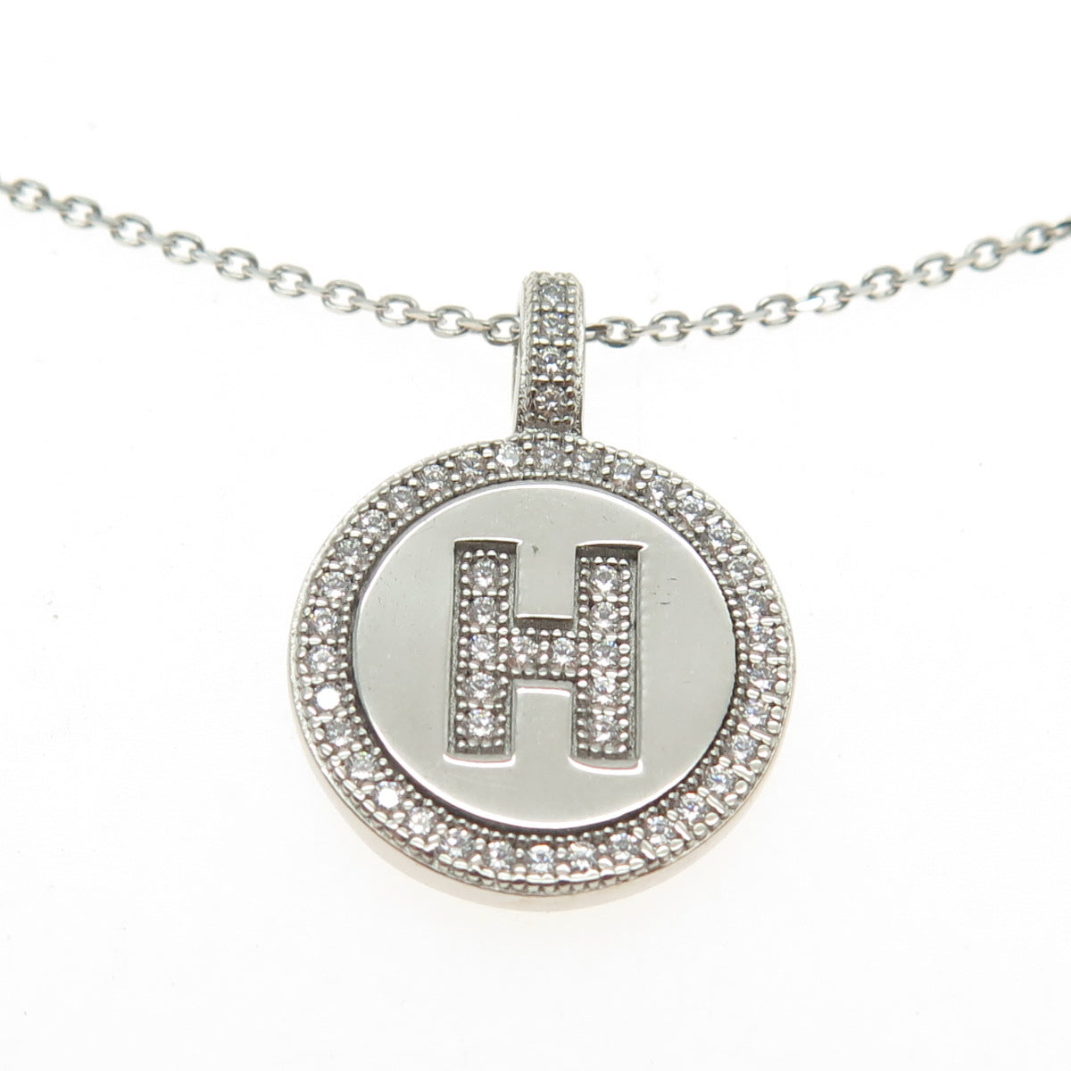 925 Sterling Silver Italy Pave C Z Letter "H" Initial Cable Chain Necklace 16"