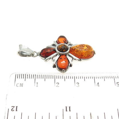 VALERIO V8 925 Sterling Silver Vintage Poland Real Amber Cross Pendant