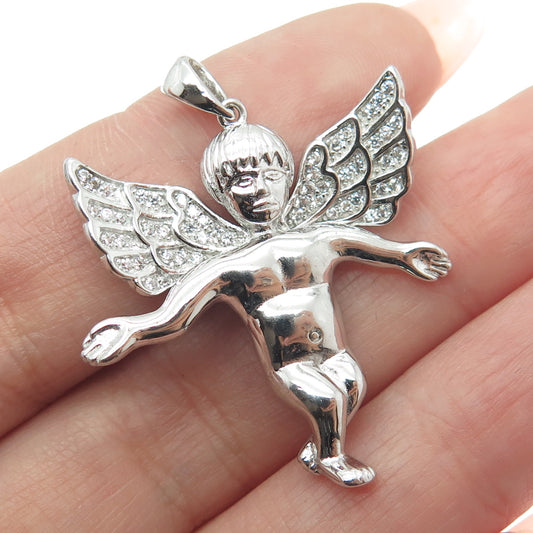 925 Sterling Silver Round-Cut Shaped C Z Cherub Angel Pendant