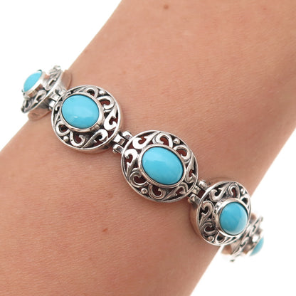 D'Joy 925 Sterling Silver Real Turquoise Floral Ornate Oxidized Bracelet 7-8"