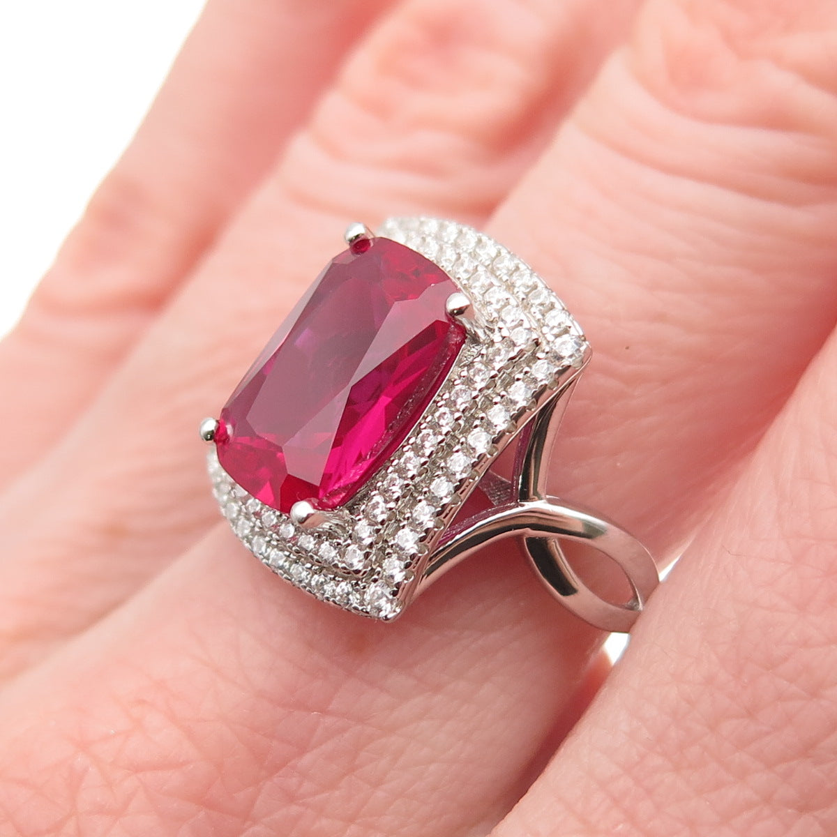 925 Sterling Silver Lab-Created Ruby & C Z Cocktail Ring Size 8