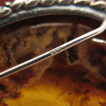 925 Sterling Silver Vintage Real Amber Twisted Oval Pin Brooch