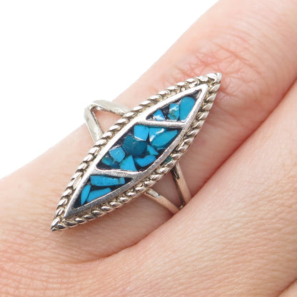 925 Sterling Silver Vintage Southwestern Turquoise Inlay Oxidized Ring Size 6