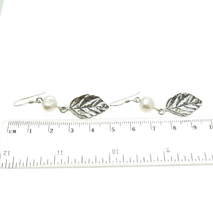 BILI 925 Sterling Silver Vintage Real Pearl Floral Leaf Oxidized Earrings