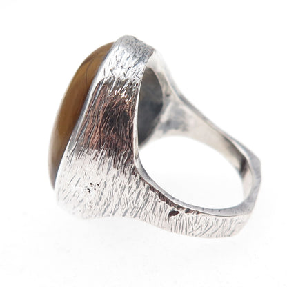 925 Sterling Silver Vintage Real Tiger Eye Modernist Oxidized Ring Size 10