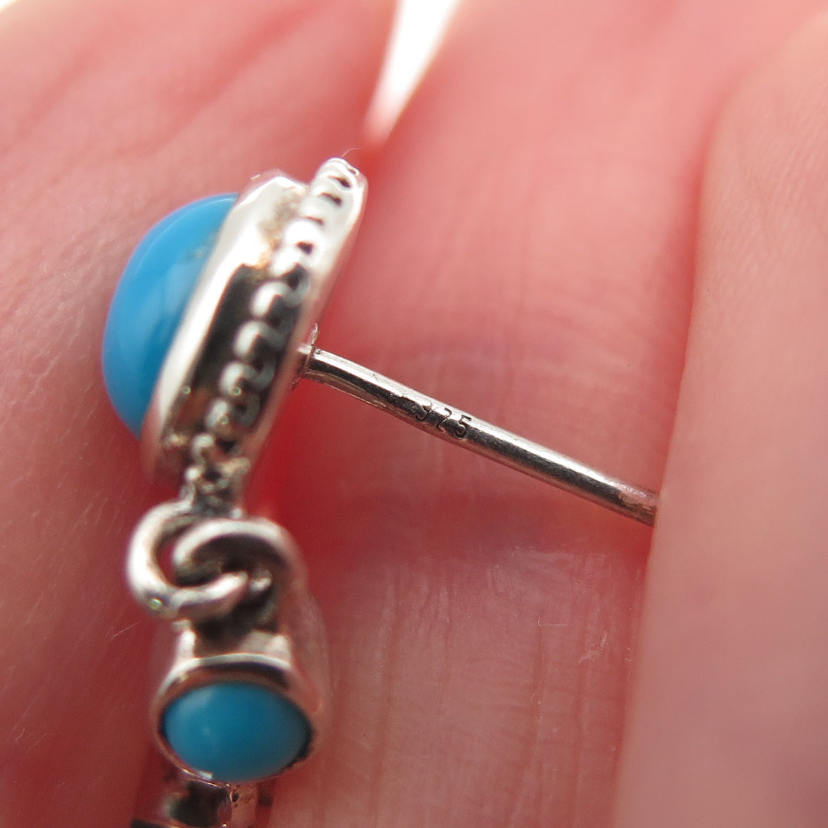 925 Sterling Silver Vintage Real Turquoise Floral Dangle Earrings