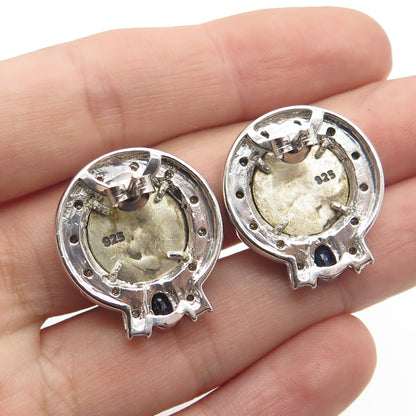 925 Sterling Silver 2-Tone Real Diamond & Sapphire Macedonian Cameo Earrings