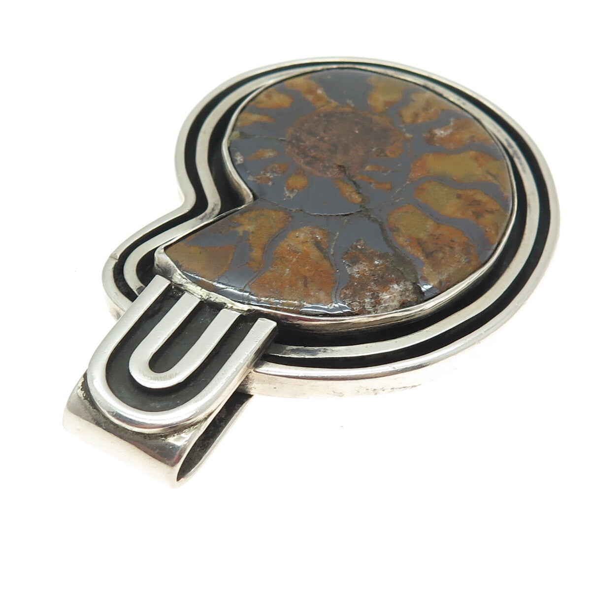925 Sterling Silver Vintage Real Ammolite Fossil Tribal Amulet Pendant
