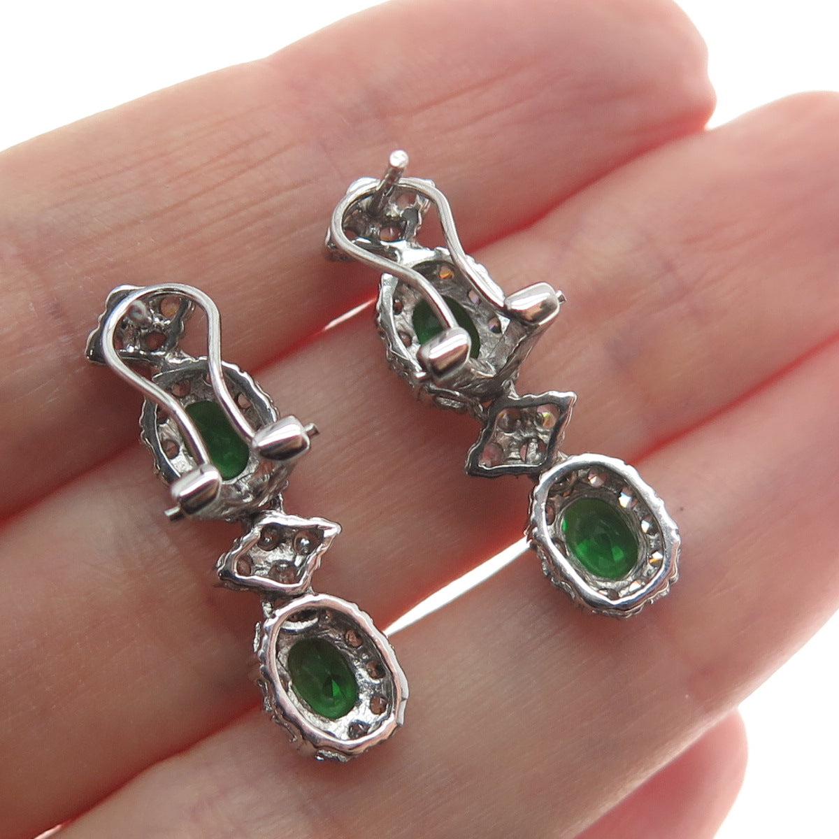 AMC Jewelry 925 Sterling Silver Green & White C Z Bohemian Dangling Earrings