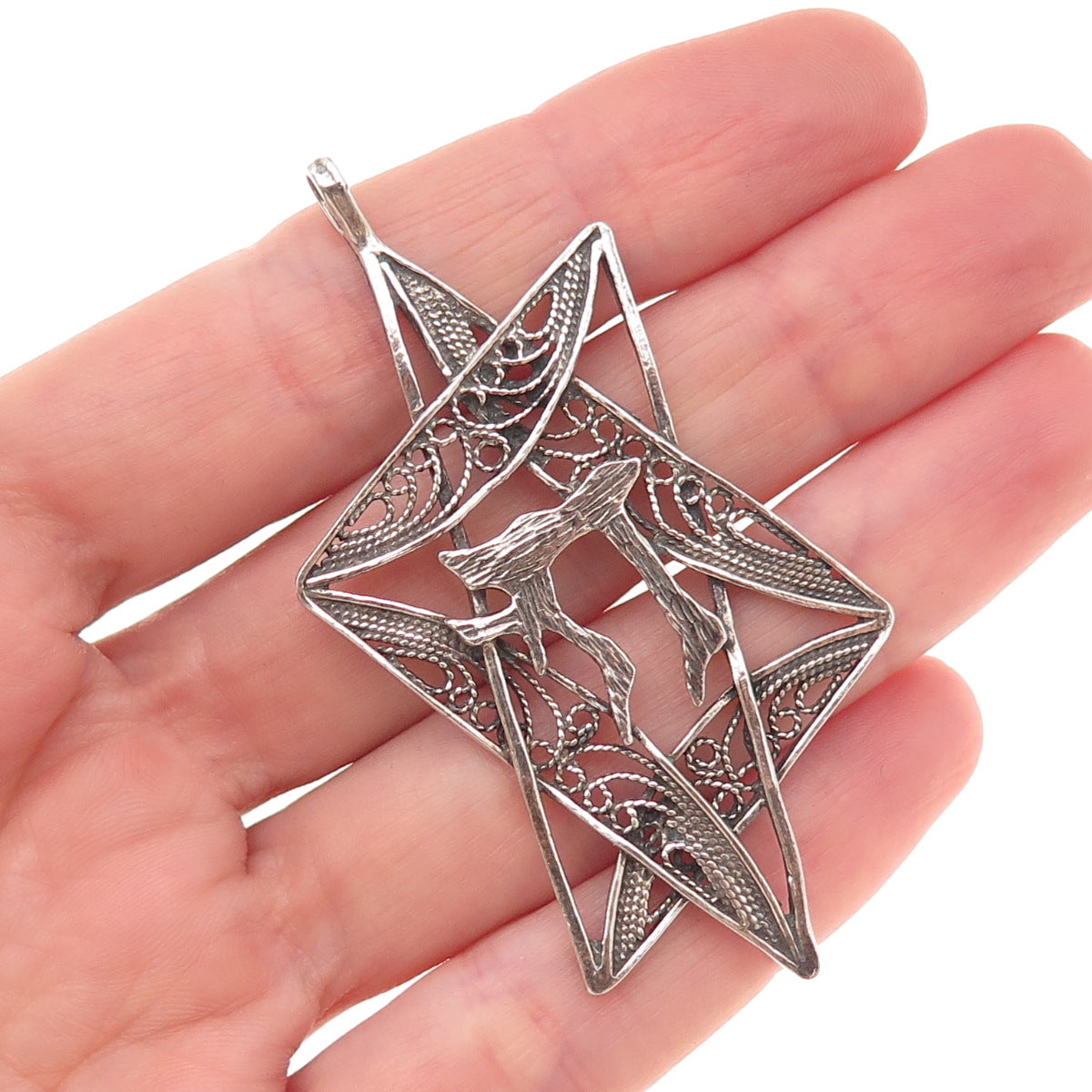 925 Sterling Silver Vintage Chai Star of David Filigree Oxidized Charm Pendant