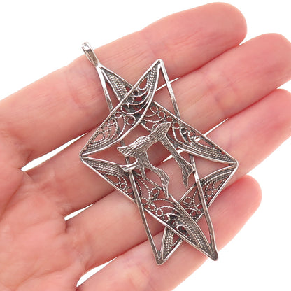 925 Sterling Silver Vintage Chai Star of David Filigree Oxidized Charm Pendant