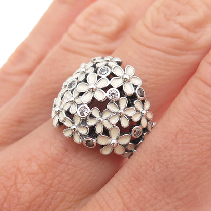 Pandora 925 Sterling Silver Enamel & C Z Darling Daisy Bouquet Ring Size 7