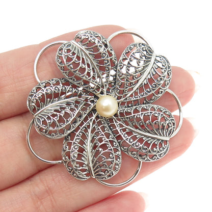 BEAU 925 Sterling Silver Vintage Faux Pearl Floral Filigree Pin Brooch