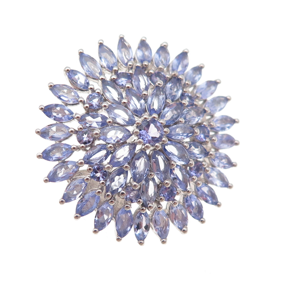 925 Sterling Silver Real Marquise & Round-Cut Tanzanite Floral Pin Brooch