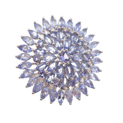 925 Sterling Silver Real Marquise & Round-Cut Tanzanite Floral Pin Brooch