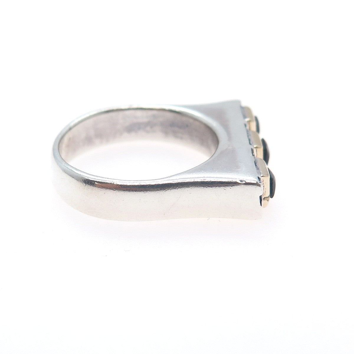 925 Sterling Silver 14K Gold Vintage Real Black Onyx Modernist Ring Size 8