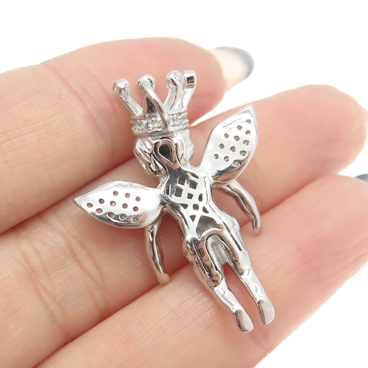 925 Sterling Silver Round-Cut C Z Crown Baby Angel Pendant
