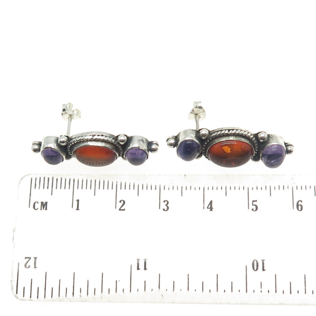 925 Sterling Silver Vintage Real Cabochon Amber & Amethyst Earrings
