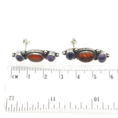 925 Sterling Silver Vintage Real Cabochon Amber & Amethyst Earrings