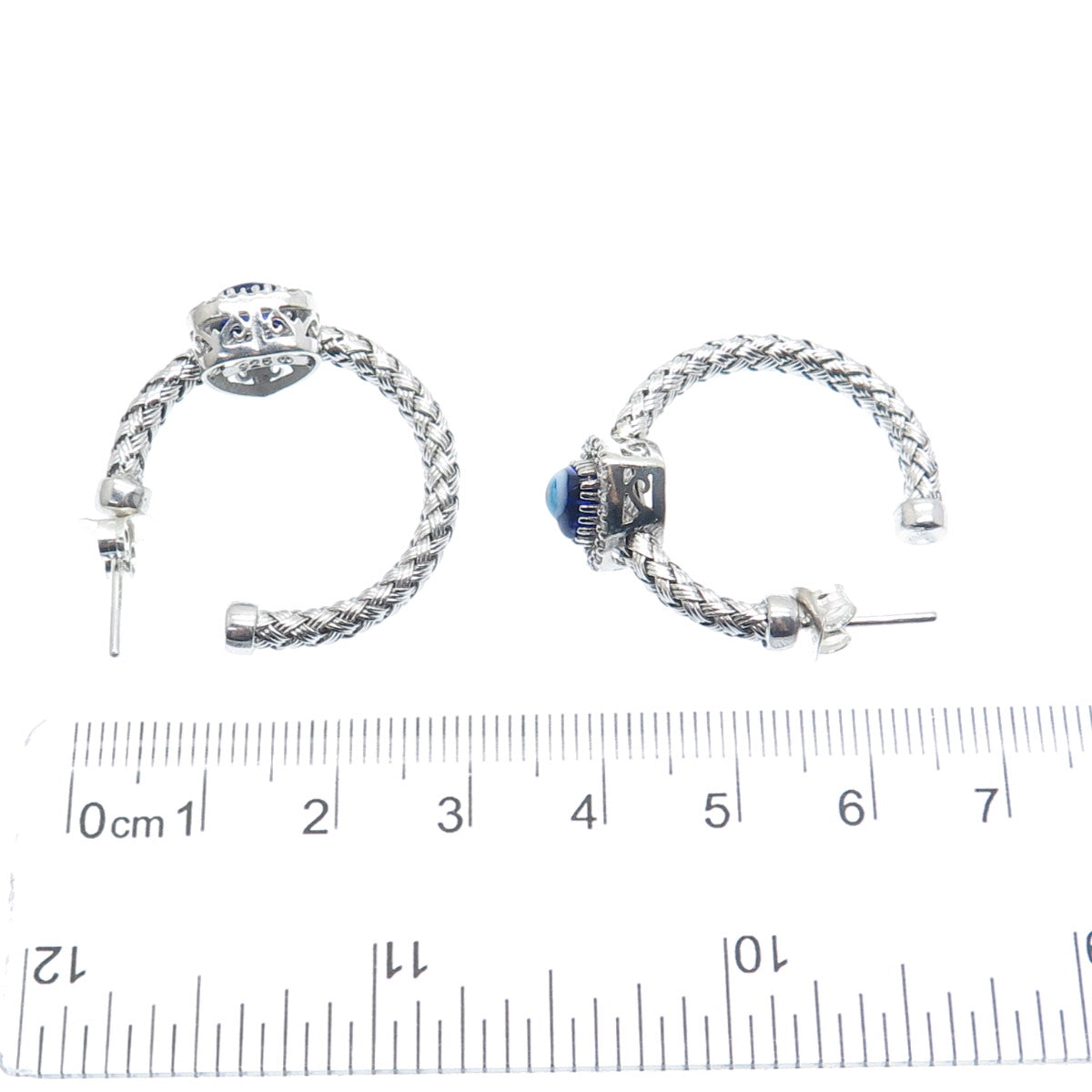 925 Sterling Silver Real Diamond & Murano Glass Evil's Eye Woven Hoop Earrings