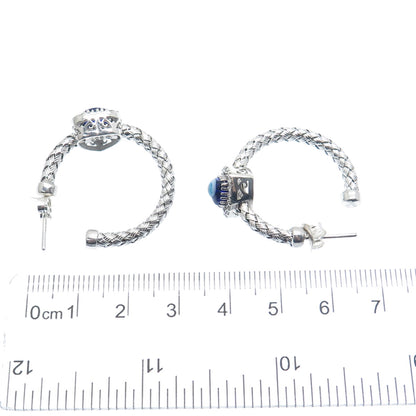 925 Sterling Silver Real Diamond & Murano Glass Evil's Eye Woven Hoop Earrings