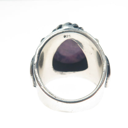 925 Sterling Silver Vintage Real Pear-Cut Sugilite Heart Oxidized Ring Size 8.5